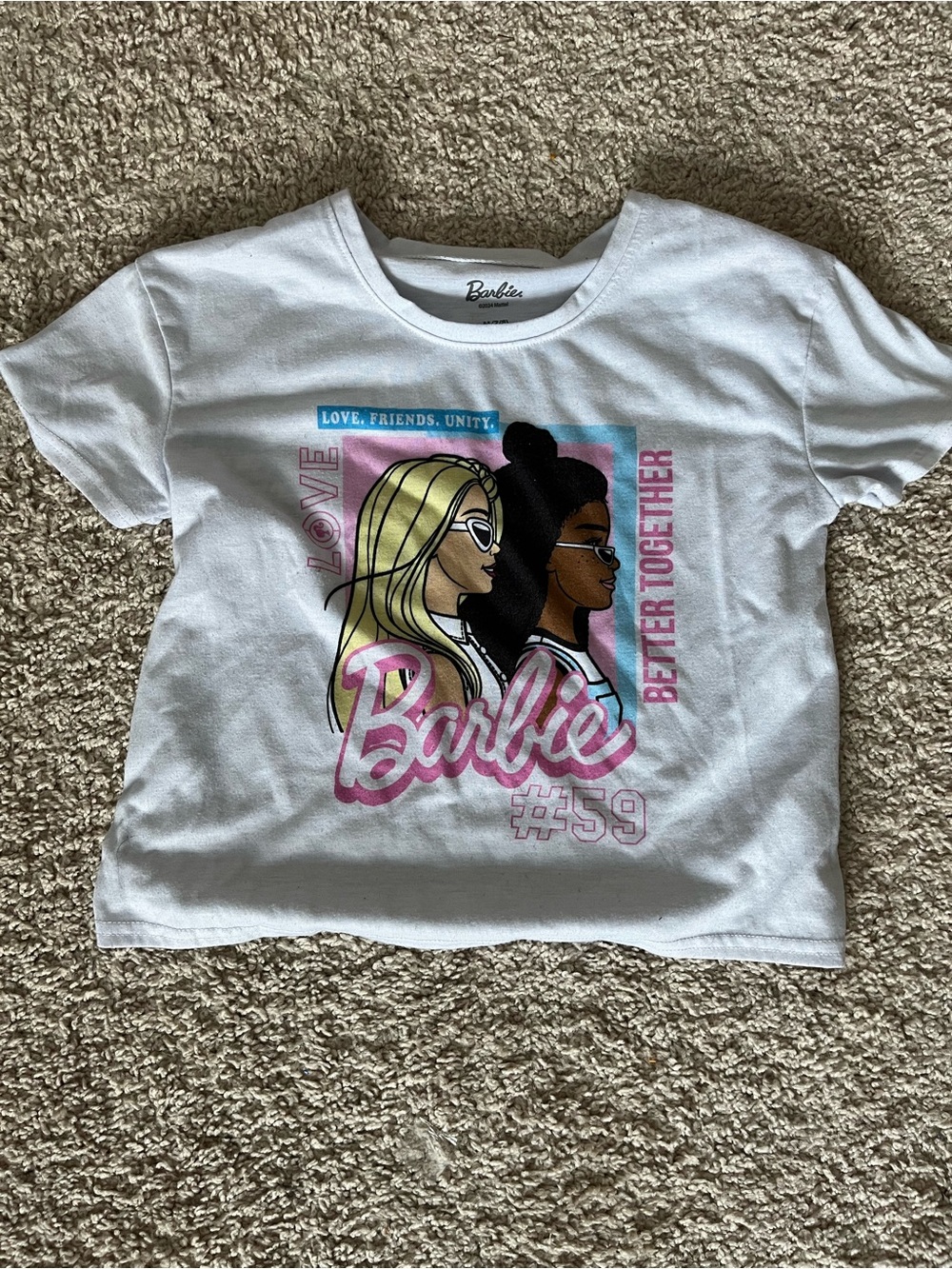 Mattel Barbie White Graphic Tee with Pink Logo and Multicolor Print